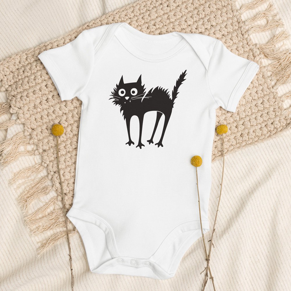 Cat. Organic cotton baby bodysuit. 3-18M